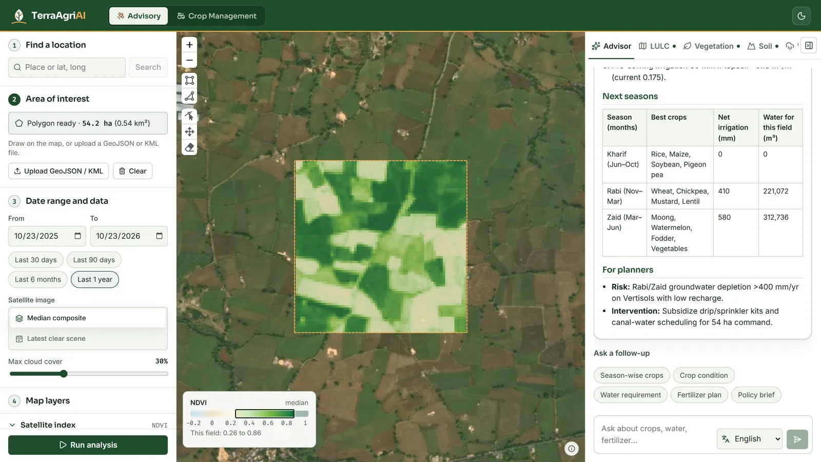 TerraAgriAI AI advisor recommending crops and irrigation per season for the selected field
