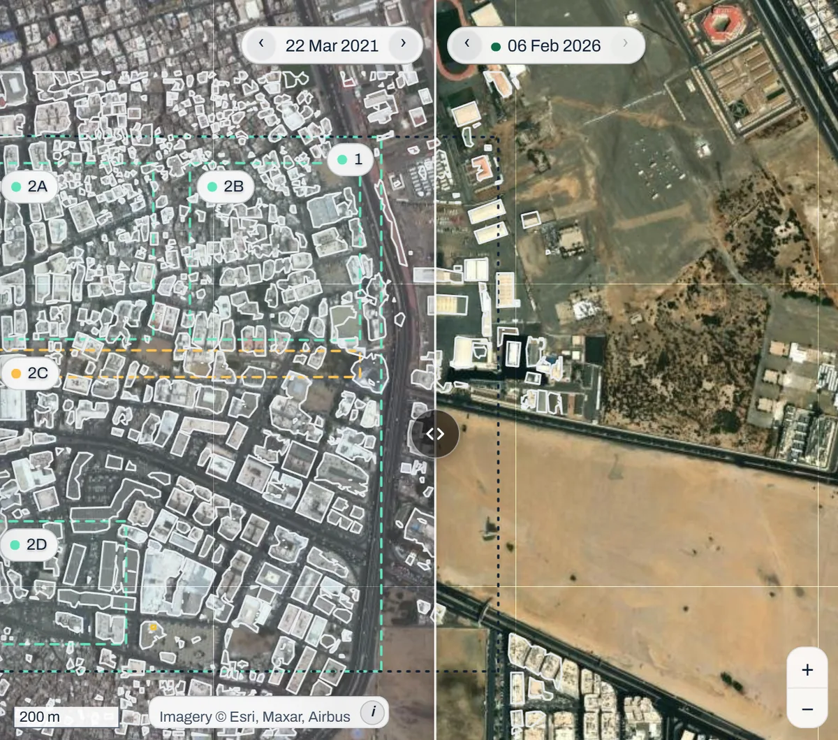 Before and after satellite imagery with detected building footprints outlined across a city block