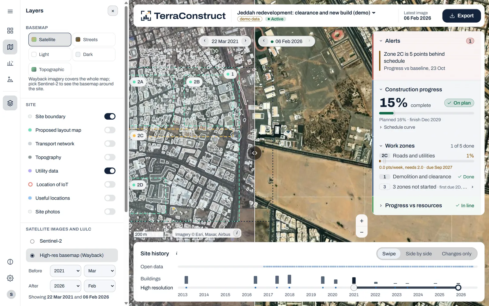 TerraConstruct dashboard swiping between 2021 and 2026 imagery of a construction site, with alerts, progress and work zones