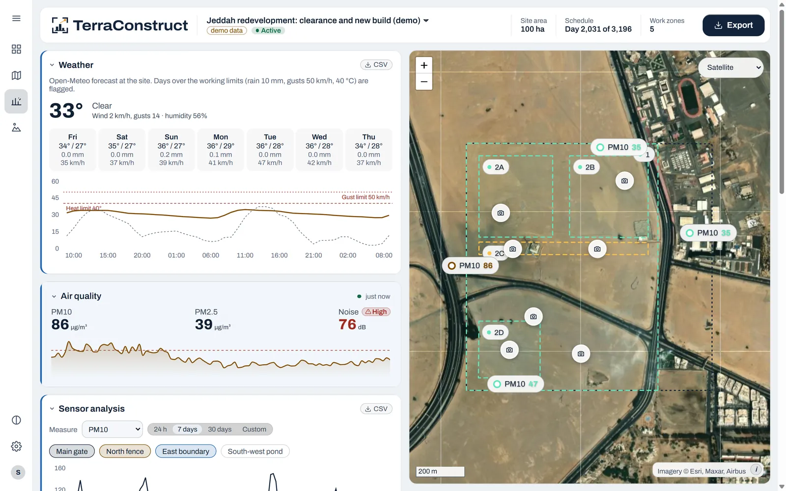 TerraConstruct field page with a 7-day weather forecast, air quality and noise readings, and sensors on the site map