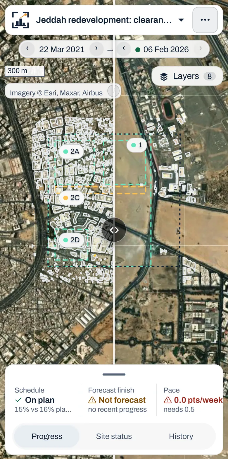 TerraConstruct on a phone showing a before and after imagery swipe with schedule, forecast and pace